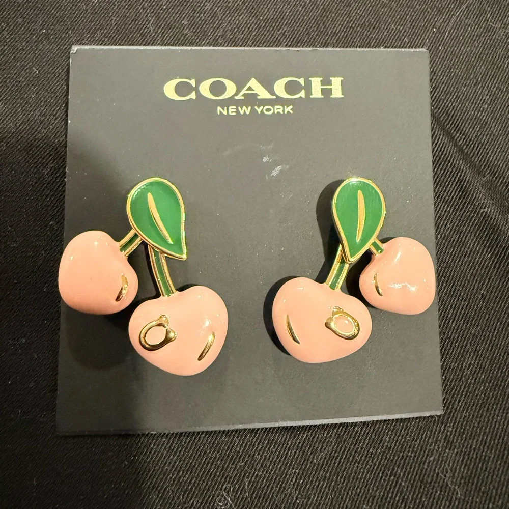 COACH Pink Cherry Enamel Earrings with Green Leaves - Picture 2 of 6